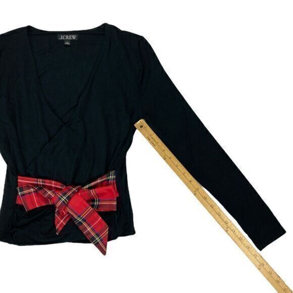 J. Crew Top Womens Size Small Black Long Sleeve Wrap Plaid Tie Holiday Pullover - Picture 16 of 16